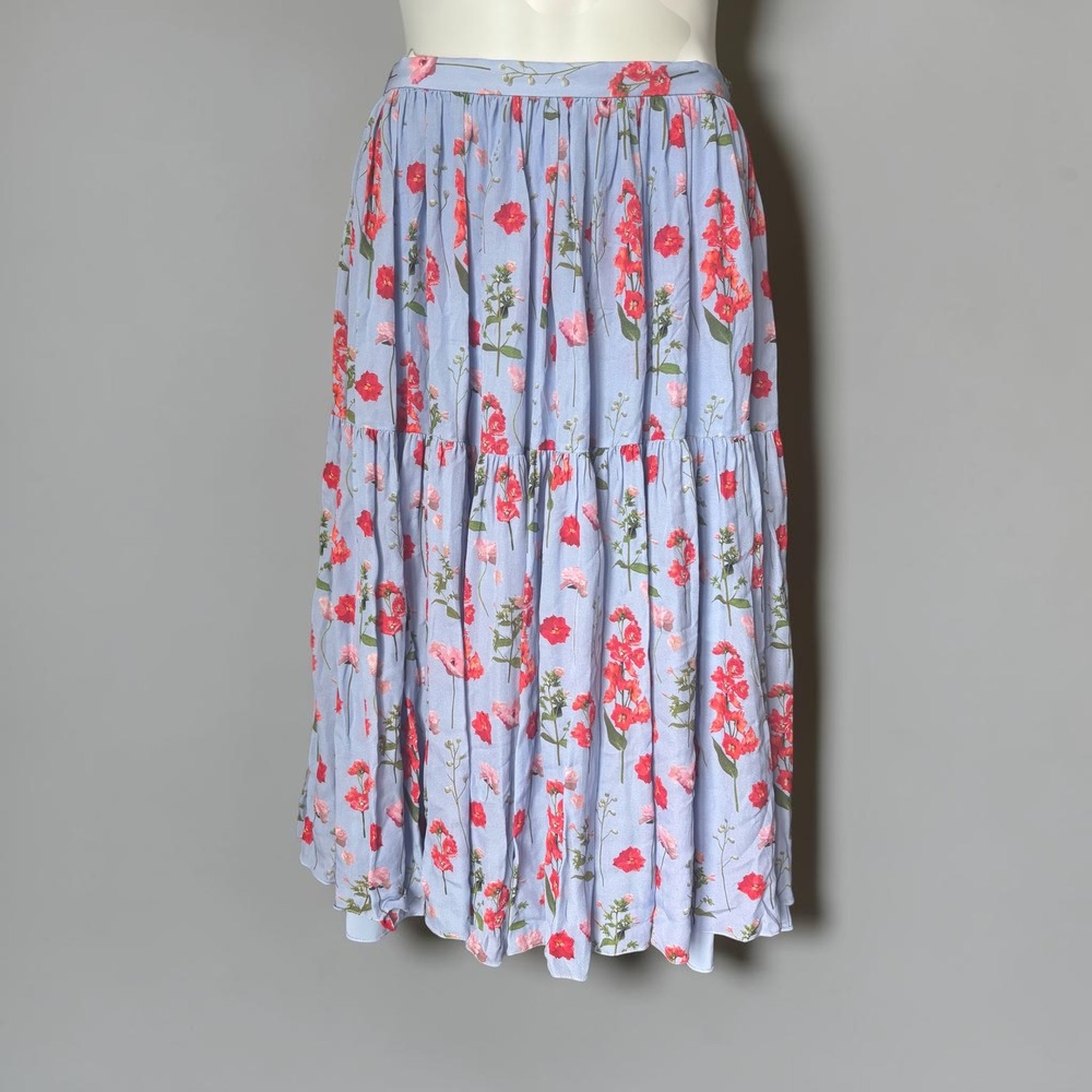 Carolina Herrera Floral Pleated Silk Midi Skirt Blue Red Size 10 Cottagecore
